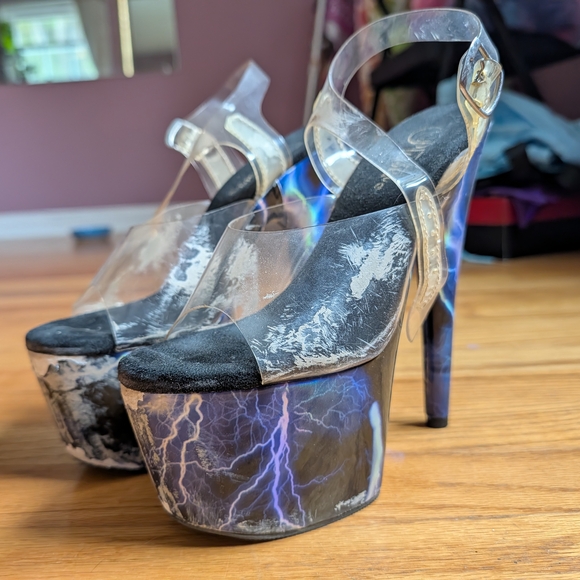 Pleaser Clear and Black Lightning Platform Heels - Picture 1 of 3